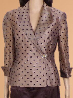 R & M Collection size 6 evening jacket light-brown chiffon/dark-brown polka dots